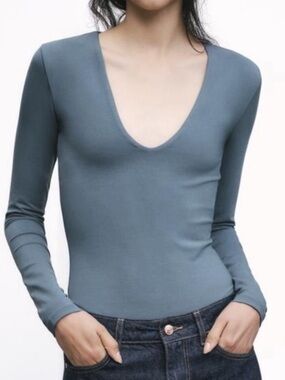 Zara Slate Blue Scoop Neck Long Sleeve Bodysuit